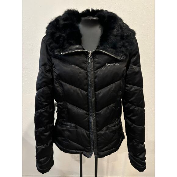 BEBE Jacket Down Fill Genuine Rabbit Fur Collar Leather Trim Womens Small Black - Picture 2 of 5